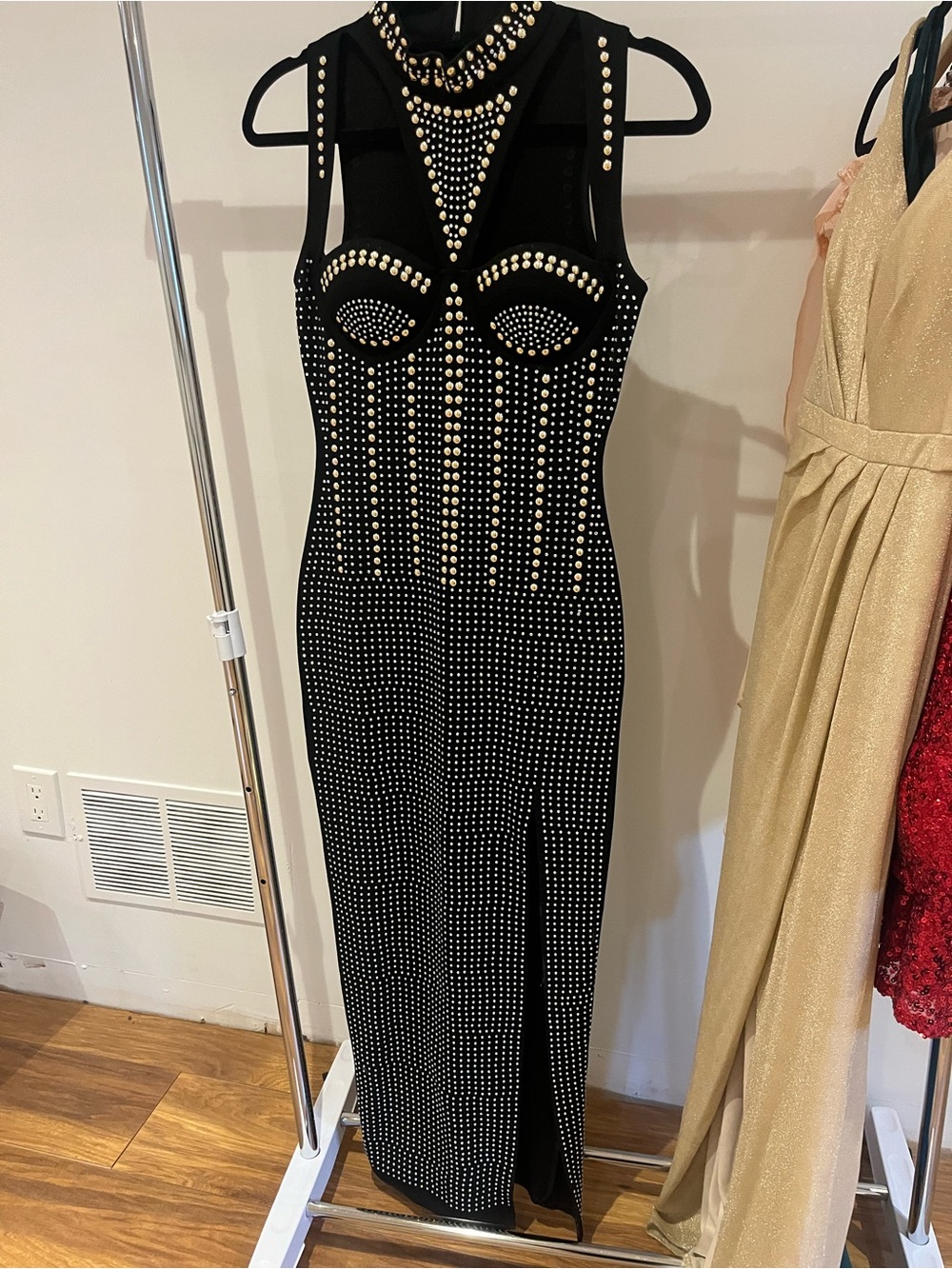 Black Gold Rhinestone Studded Bodycon Maxi Evening Dress